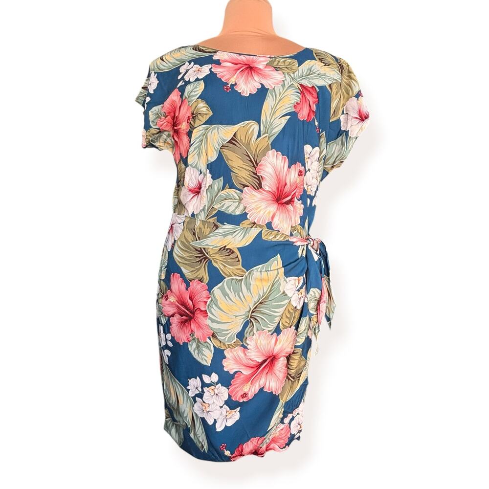 Vintage Young Hawaii Tropical Hibiscus Rayon Wrap‎ Dress Blue Pink Floral Beach